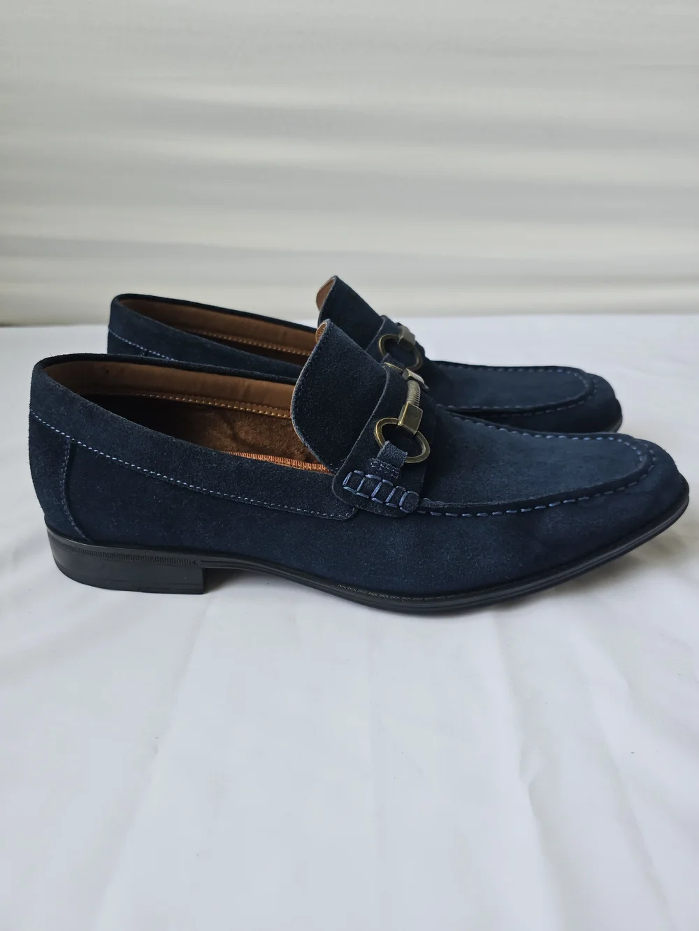 Steve Madden Navy Suede Bit Loafers with Brass Hardware